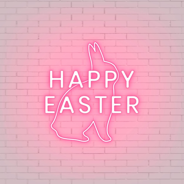 Free Vector pink happy easter sign with bunny neon light on a white brick wall vector