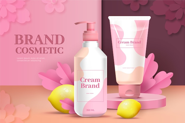 Free Vector pink lotion gel and cream brand cosmetic ad