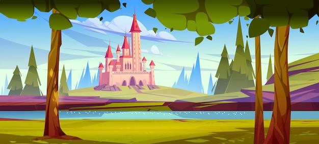 Pink magic castle on green hill at river coast with blue water surface at summer day Fairytale palace under cloudy sky and firtrees around Fantasy medieval architecture Cartoon vector illustration