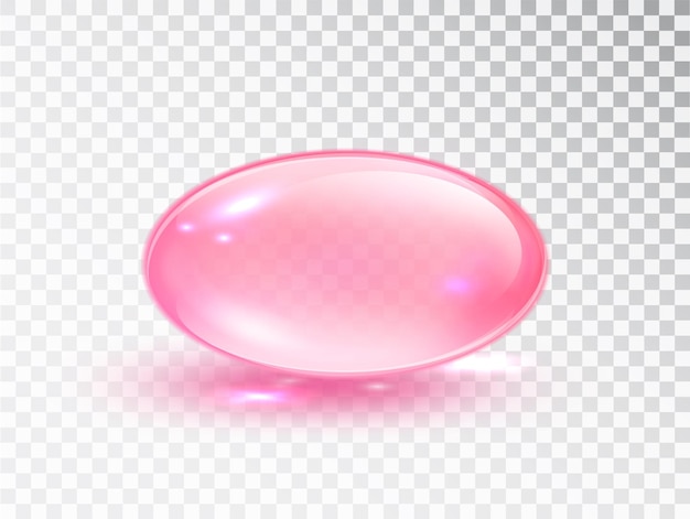 Pink Oil bubble isolated on transparent background Transparent Pink capsule of drug vitamin macro vector illustration Cosmetic pill capsule