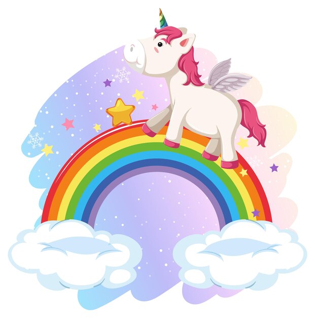 Pink pegasus standing on rainbow in cartoon style