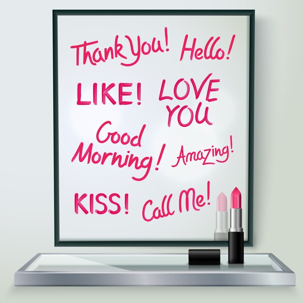 Free Vector pink red glossy lipstick words of love and affection in black frame 