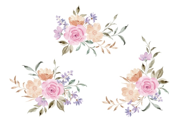 Free vector pink rose flower bouquet collection with watercolor