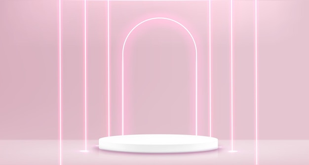 Free Vector pink showroom with podium and neon glow arch