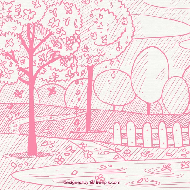 Free vector pink spring landscape sketch background