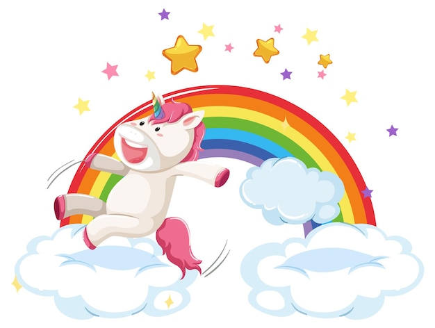 Free Vector pink unicorn jumping on a cloud with rainbow