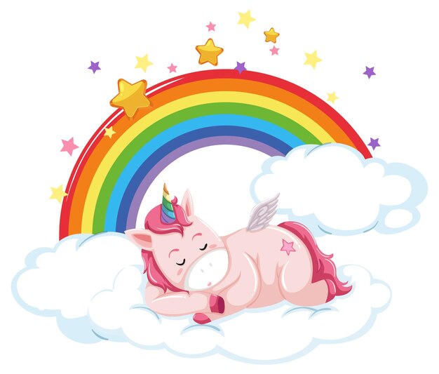 Pink unicorn lying on cloud with rainbow in cartoon style