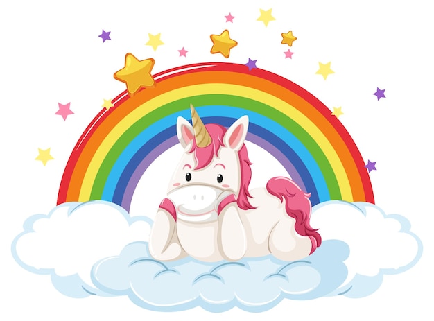 Free Vector pink unicorn lying on a cloud with rainbow