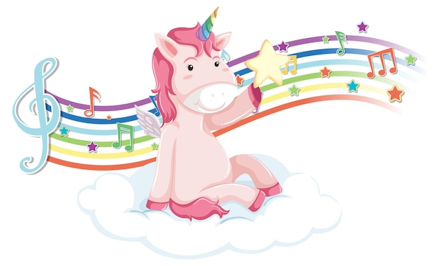 Pink unicorn standing on the cloud with melody symbols on rainbow