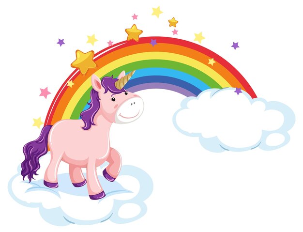 Pink unicorn standing on a cloud with rainbow