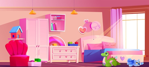 Free Vector pink wall kid bedroom interior cartoon vector background child furniture in house with bed cupboard window wardrobe and armchair modern girl children flat design for game scene with nobody