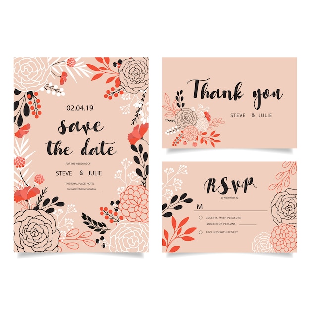 Free vector pink wedding cards with flowers