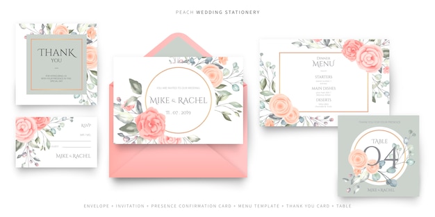 Pink Wedding Stationery, invitation card template, rsvp, thank you card, and menu template