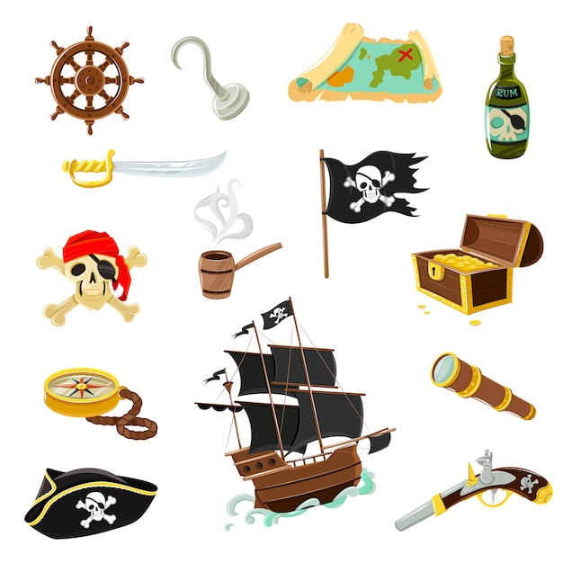 Pirate accessories flat icons set