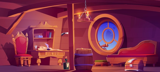 Free Vector pirate captain ship cabin wooden room interior