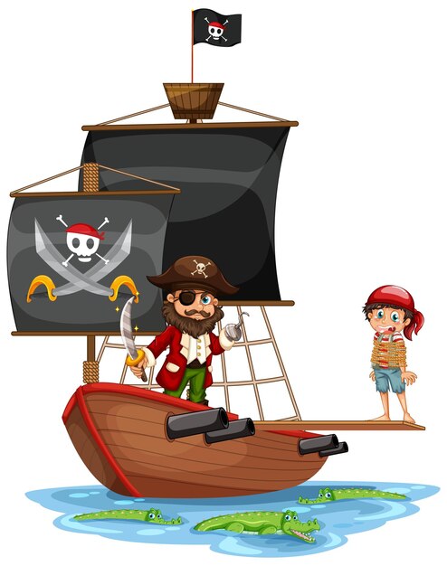 Pirate concept with a boy cartoon character walking the plank on the ship isolated