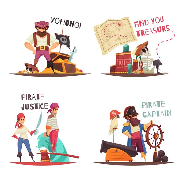 Pirate  concept with flat human characters of cartoon pirate captain and sailors with text captions