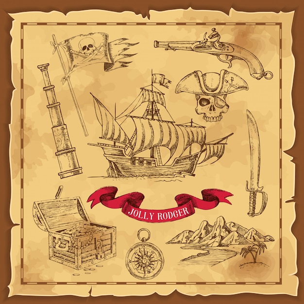 Free Vector pirate elements hand drawn illustration