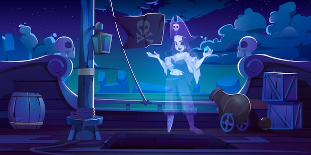 Pirate girl ghost on filibuster ship, young dead woman spook in buccaneer costume and leg prosthesis hold gem stone stand at boat deck with jolly roger flag and cannons, Cartoon vector illustration