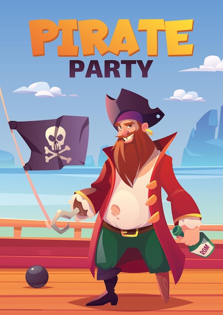 Free Vector pirate party poster with bearded smiling captain with hook hand and wooden leg, holding rum bottle stand on wooden ship deck