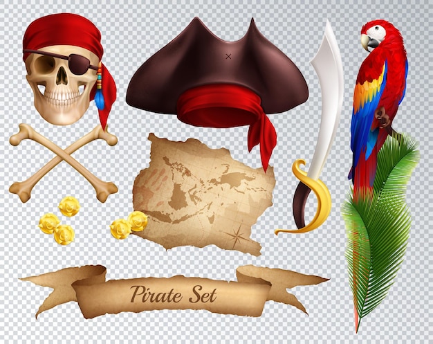 Free vector pirate realistic icons set of saber pirate hat red bandanna tied to skull parrot on palm branch isolated on transparent