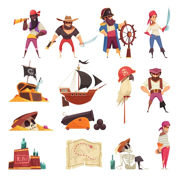 Pirate set of isolated icons with cartoon  ships maps and skeleton symbols with people