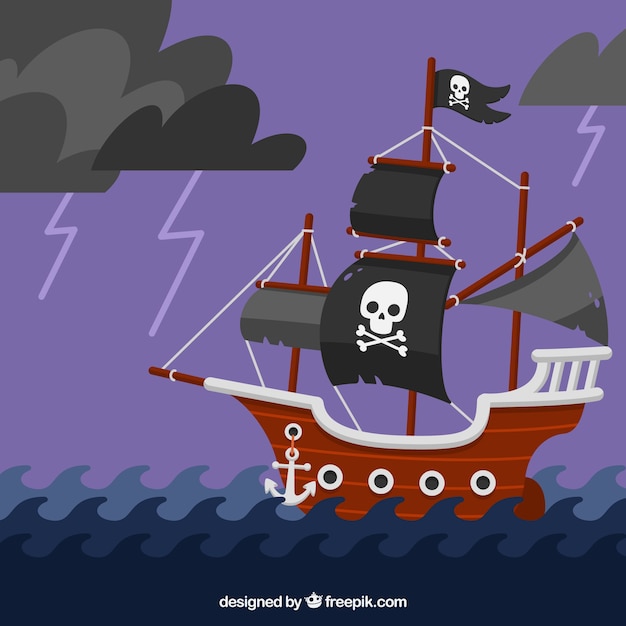 Free Vector pirate ship background sailing in stormy night