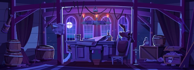 Pirate ship cabin interior at night