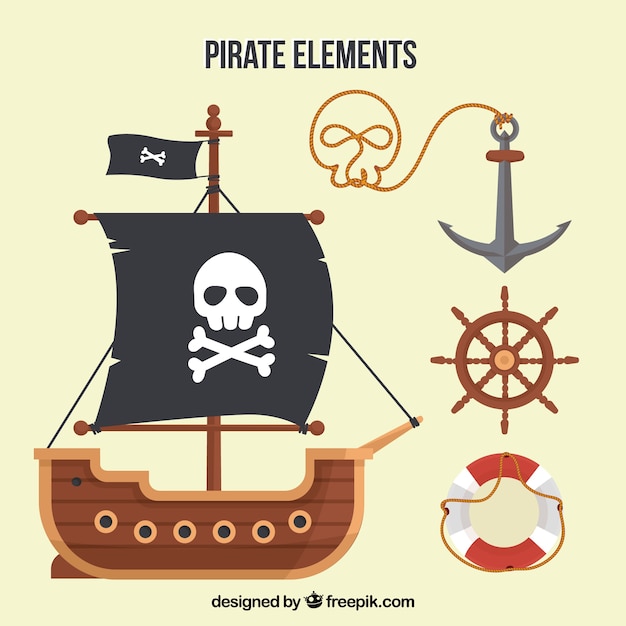 Free Vector pirate ship and elements in flat design