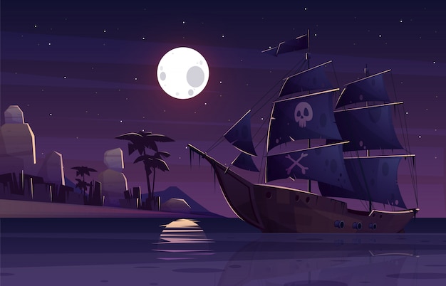 Pirate ship or galleon with human skull and crossed bones on black sails