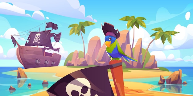 Pirate ship moored on secret island with funny parrot wear corsair cocked hat sitting on black Jolly roger flag at ocean landscape. Filibuster adventure book or game scene, Cartoon vector illustration