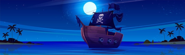 Free Vector pirate ship at night near sea island beach cartoon