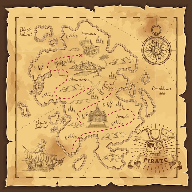 Pirate Treasure Map Hand Drawn Illustration