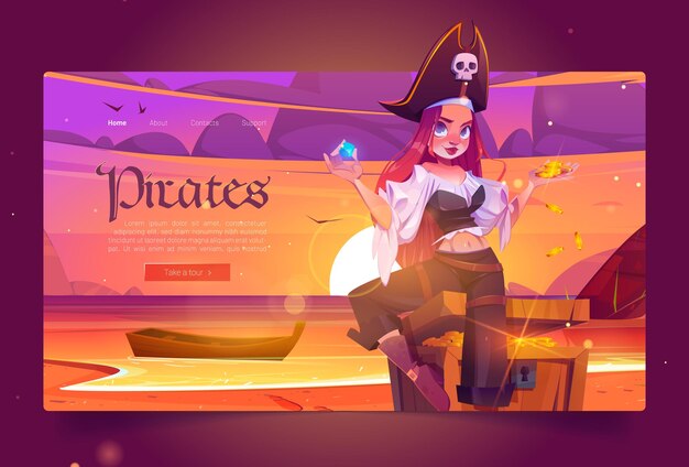 Pirates banner with girl captain and treasure