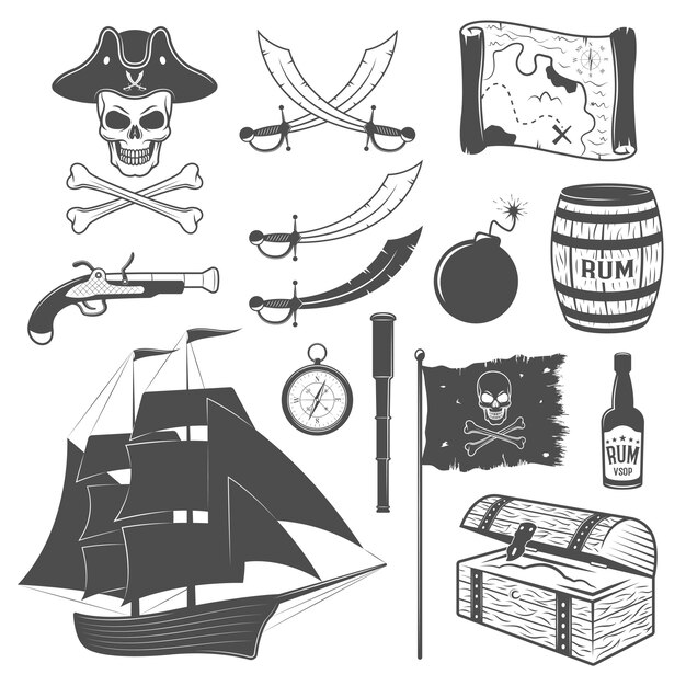 Pirates monochrome elements set with sailboat weapon flag telescope map rum chest cannon ball isolated vector illustration