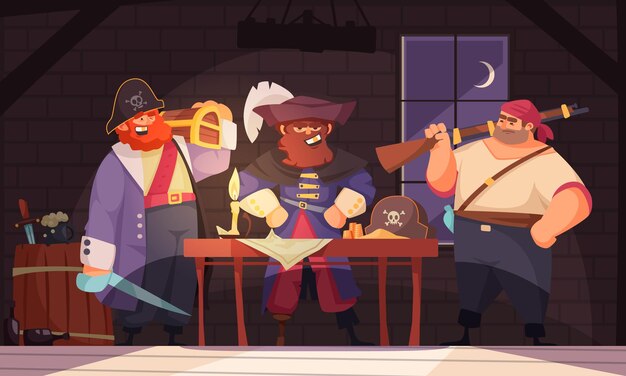 Pitate composition with indoor scenery and group of cartoonish characters of pirates with weapons and map