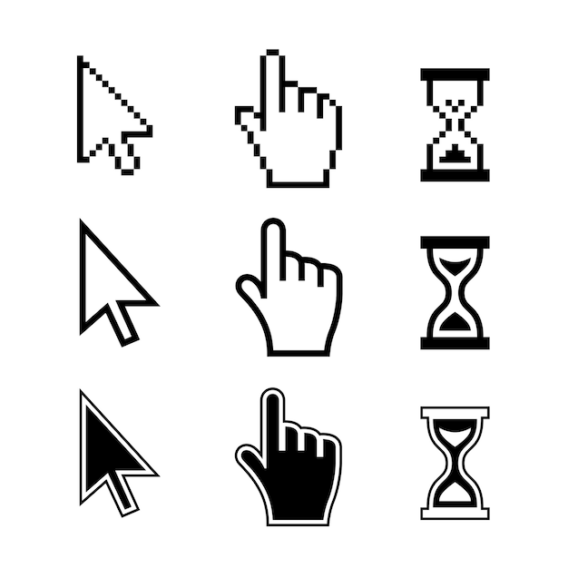 Pixel cursors icons: mouse hand arrow hourglass. Vector Illustration