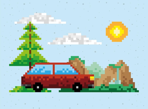 Free vector pixelated car in landscape