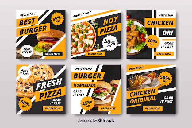 Free Vector pizza and burger  instagram post collection with photo