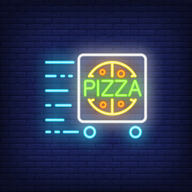 Free Vector pizza delivery neon sign with cart in motion. night bright advertisement.