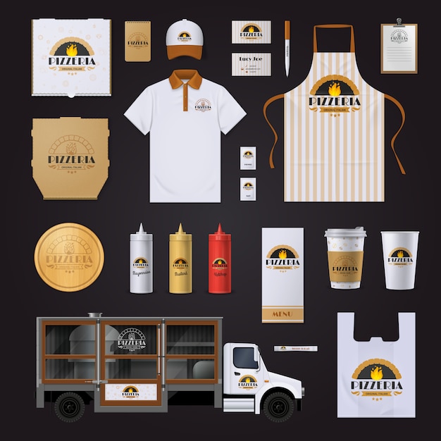 Free Vector pizza restaurant chain corporate identity templates samples collection with polo apron bags on black