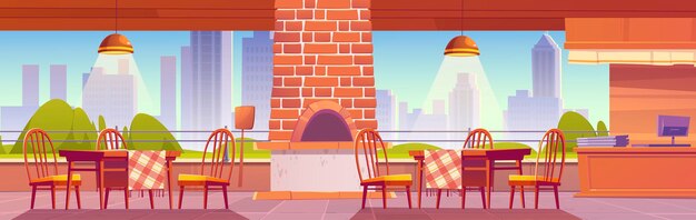 Pizzeria or family outdoor cafe with oven for pizza on cityscape background empty cozy open air cafeteria with cashier desk wooden tables and chairs in rustic style cartoon illustration