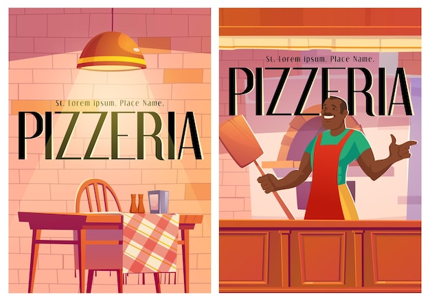 Pizzeria posters with cozy cafe interior and chef