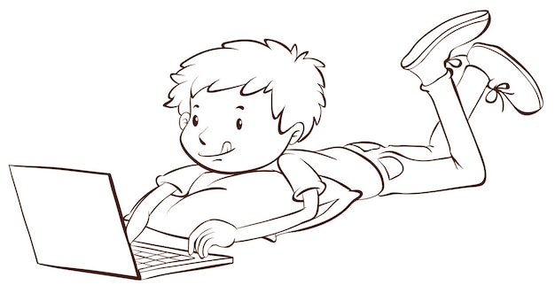 A plain sketch of a boy using a laptop