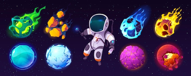 Free Vector planet and astronaut cartoon game illustration set