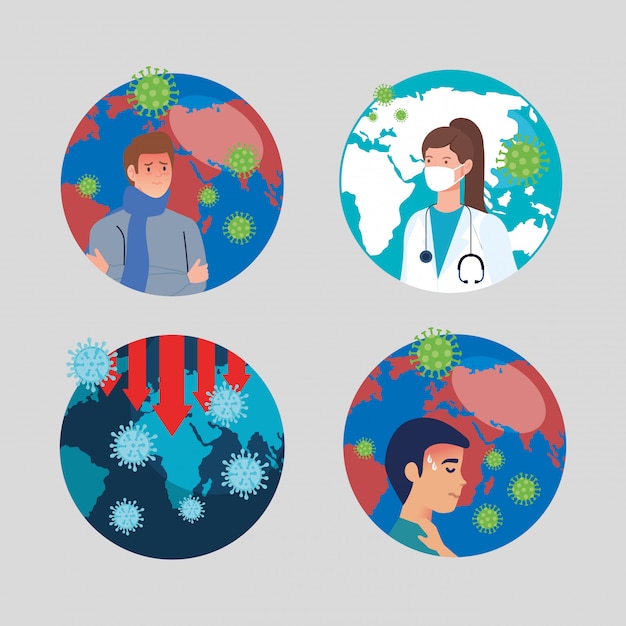 Free Vector planet earth with covid19 particles set icons