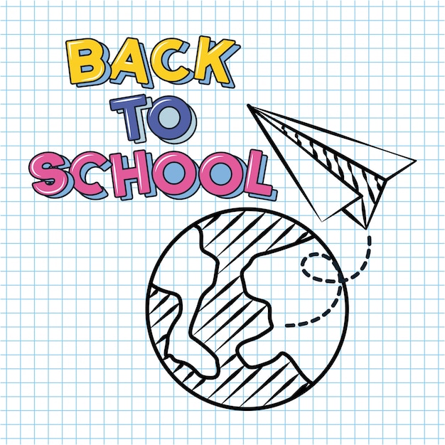 Free Vector planet and paper plane, back to school doodle drawn on a grid sheet