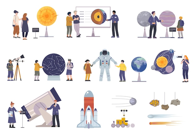 Free vector planetarium flat set with isolated icons and compositions of visitor characters telescopes museum exhibits and excursions vector illustration