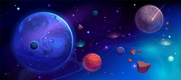 Planets in outer space with satellites and meteors illustration