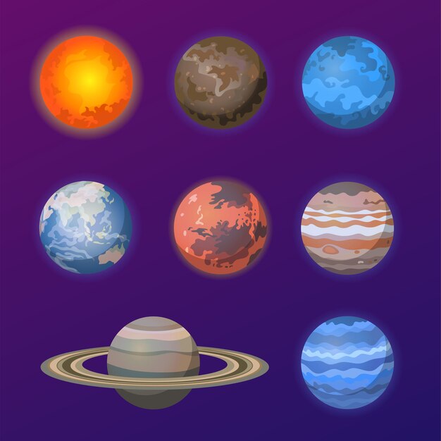 Planets of solar system vector illustrations set. Collection of cartoon drawings of sun, Mercury, Jupiter, Mars, Venus, Neptune, Uranus, Saturn isolated on purple background. Space, astronomy concept